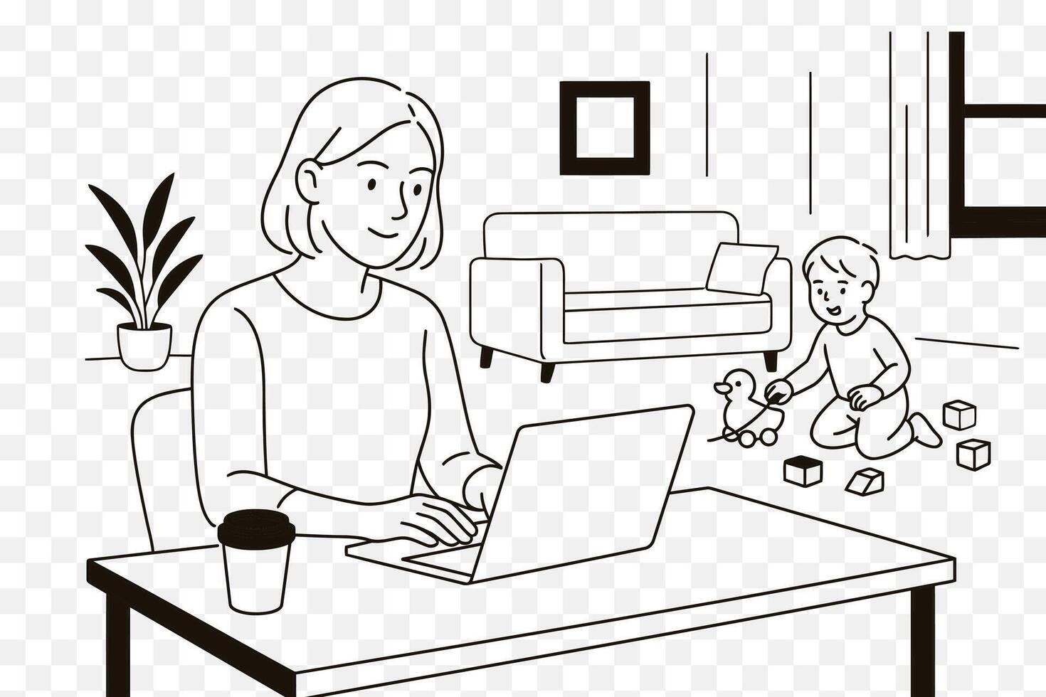 mother working from home, with a toddler playing in the background. vector