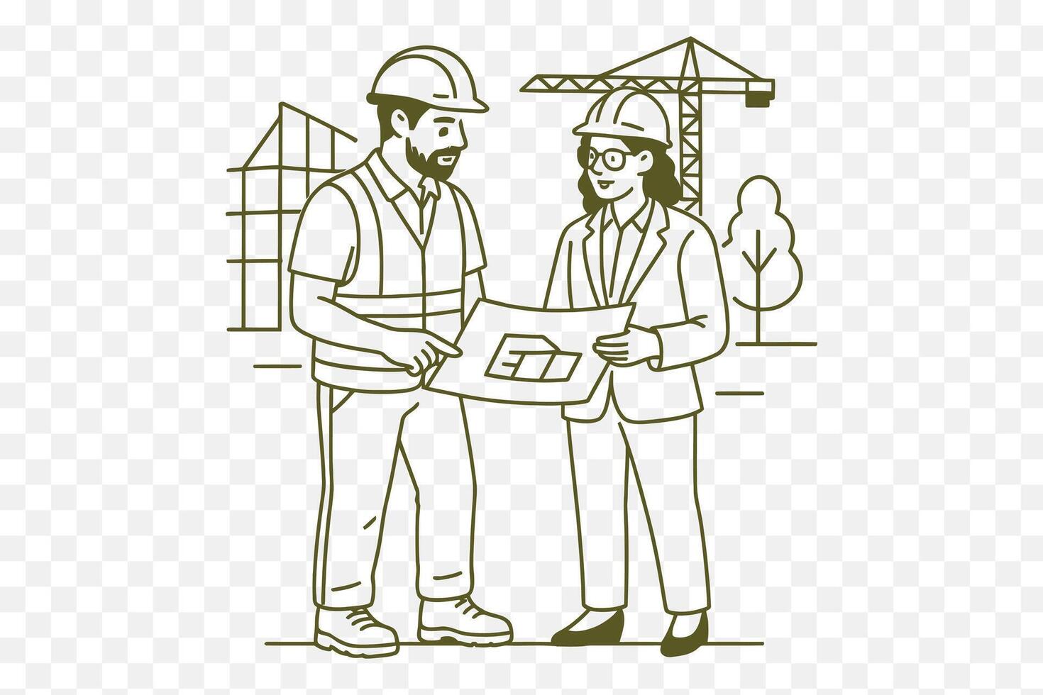 construction worker and an architect are discussing blueprints on-site. vector