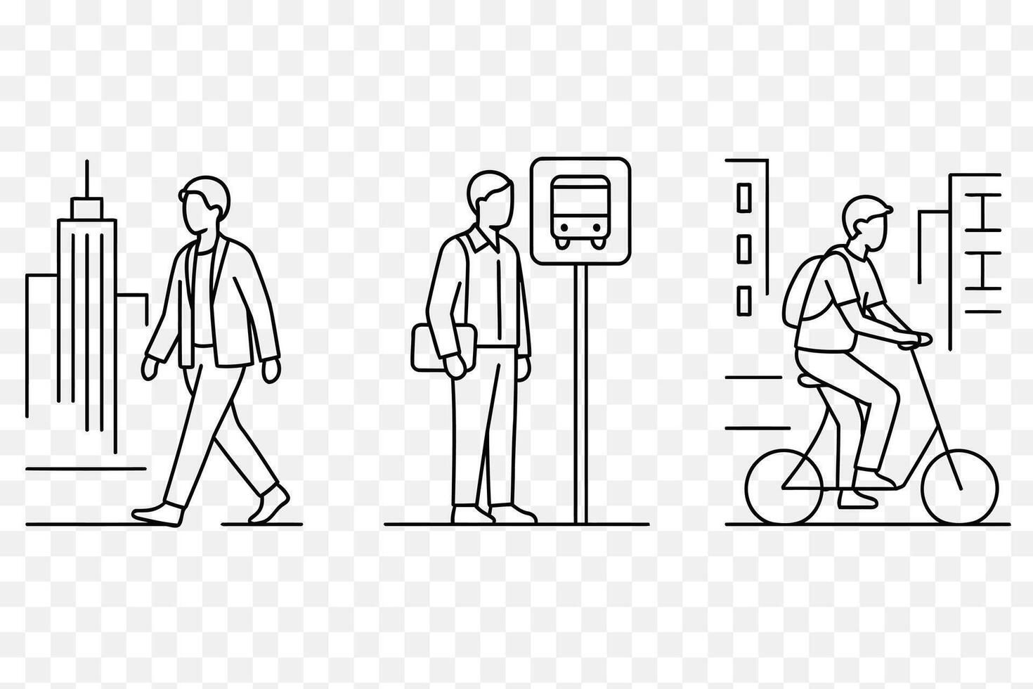 Urban Commute Line Art Set Walking, Biking Bus Stop Illustrations vector