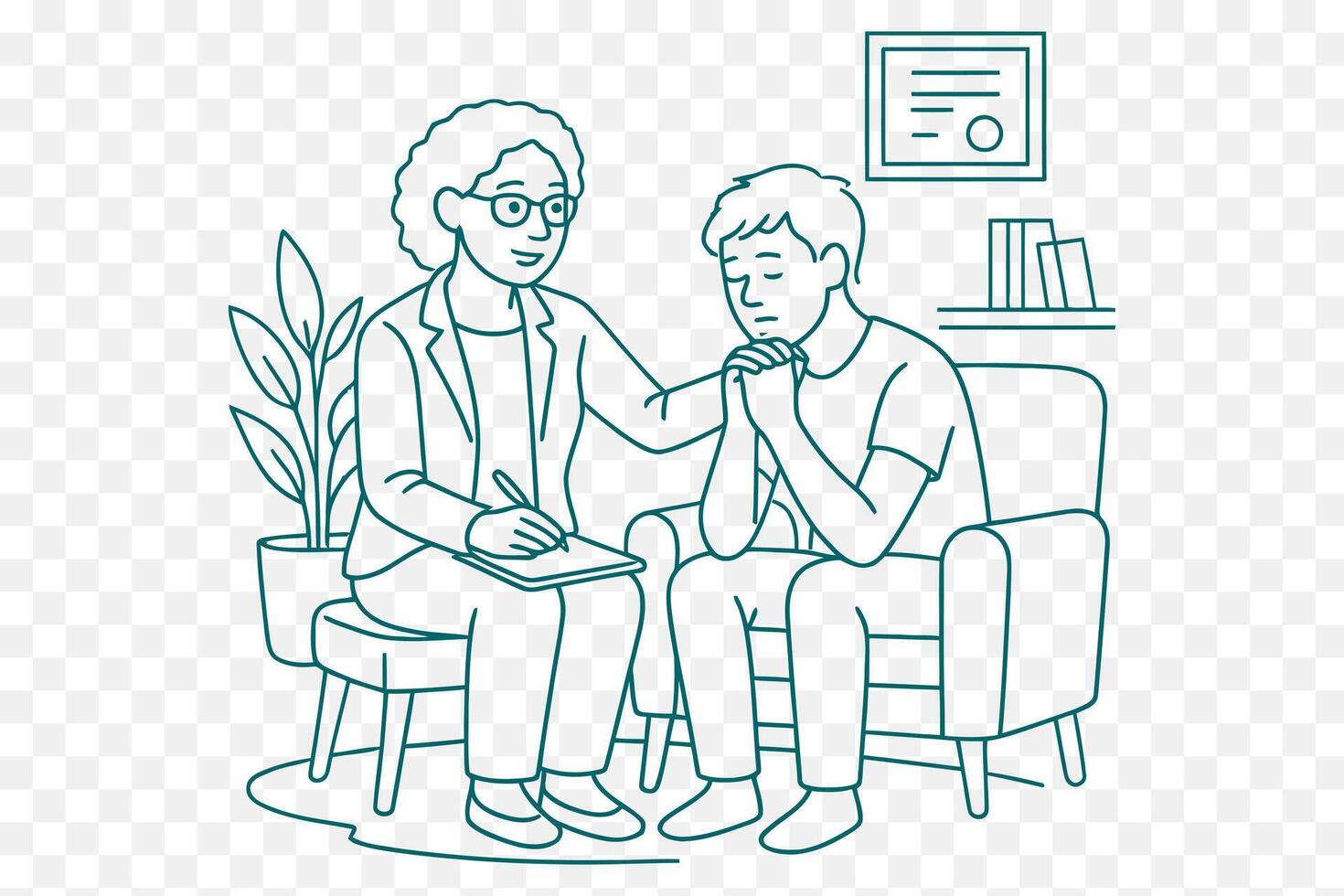 line art illustration of a therapist comforting a young person in an office vector