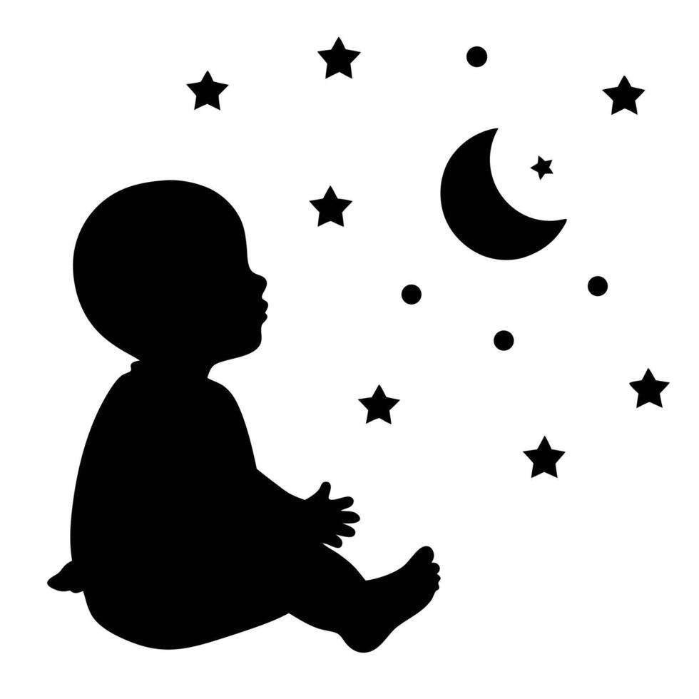 Baby Looking at Moon and Stars Silhouette vector