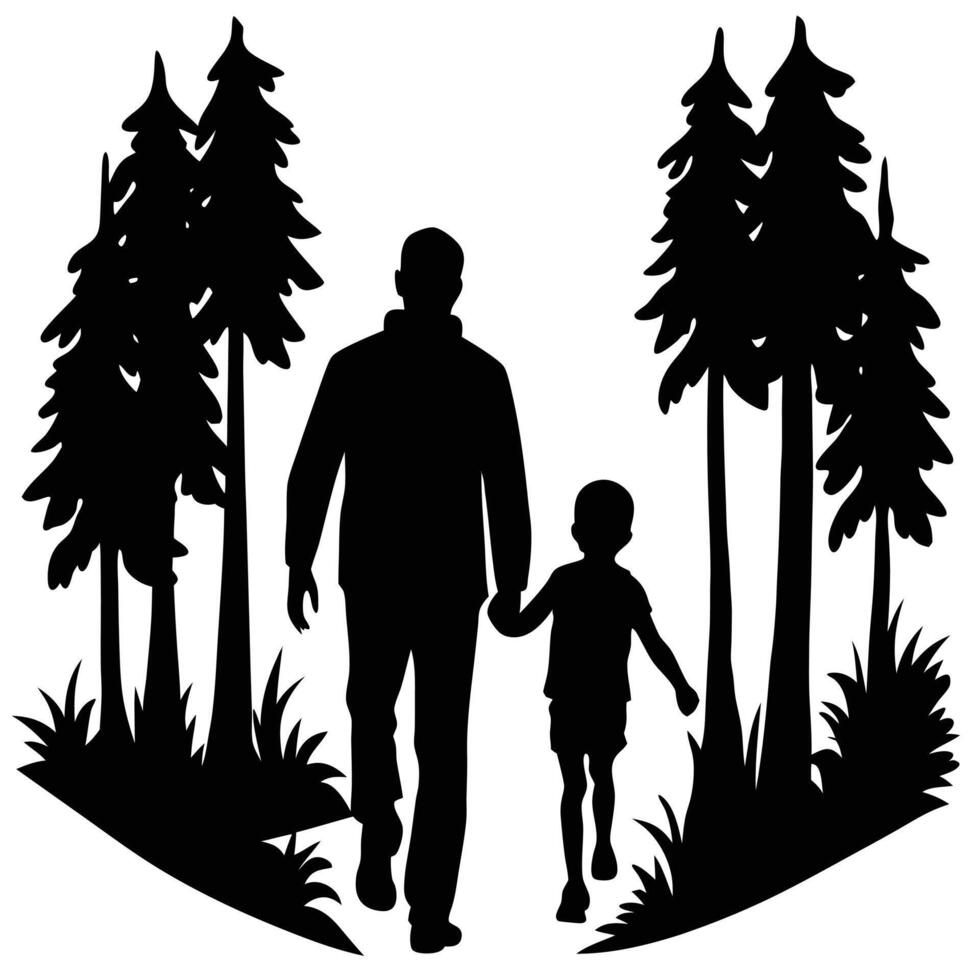Father and Son Forest Walk Silhouette vector