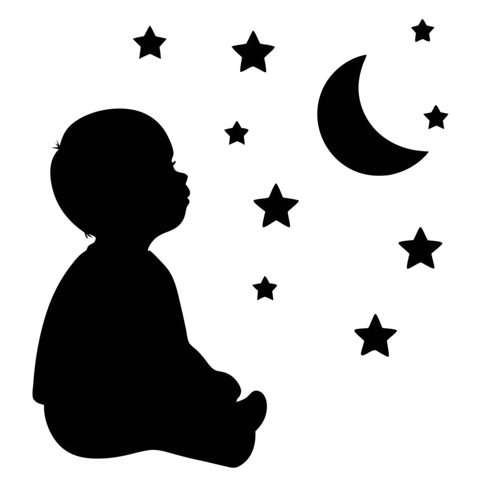Baby Gazing at Moon and Starry Night vector