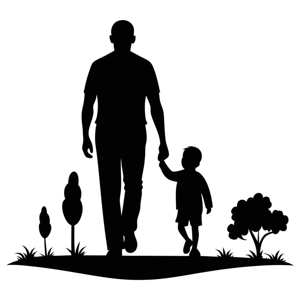 Father and Son Walking Hand in Hand Silhouette on White Background vector