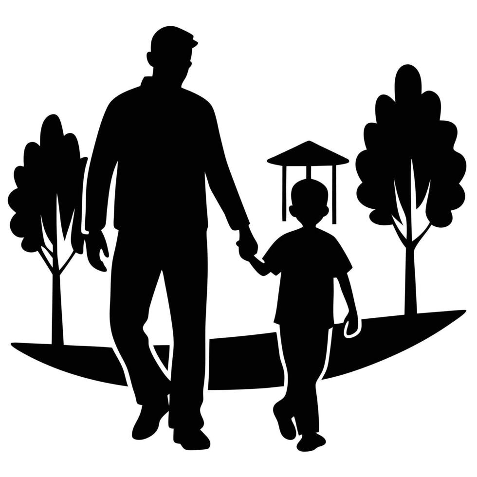 Father and Child Holding Hands Walking in the Park Silhouette vector