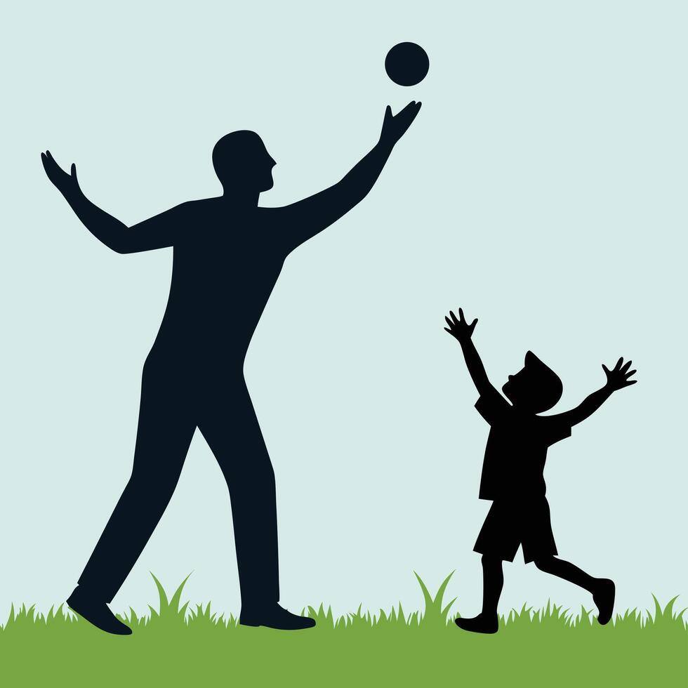 Father and Son Catching Ball on Green Grass Silhouette vector