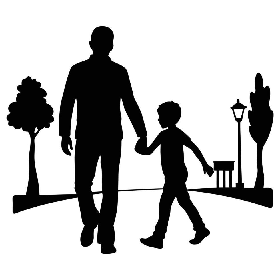 Father and Son Walking in the Park Silhouette Family Time vector