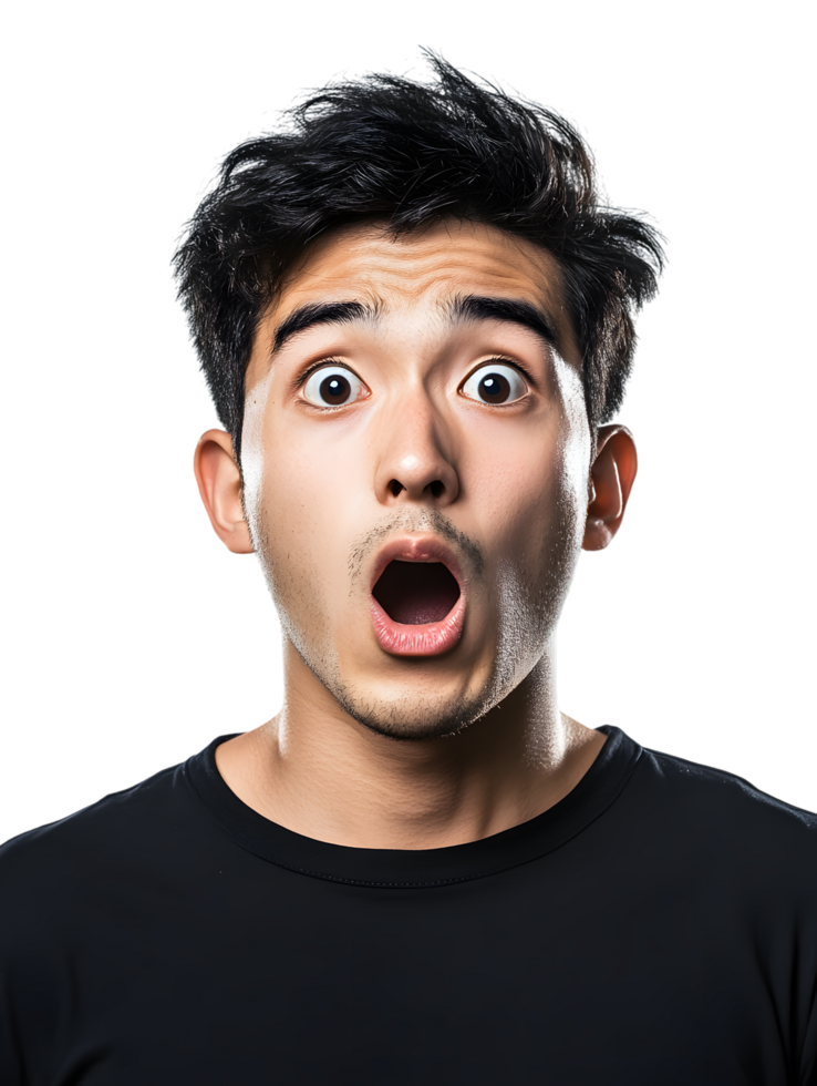Young man with shocked expression and raised eyebrows png
