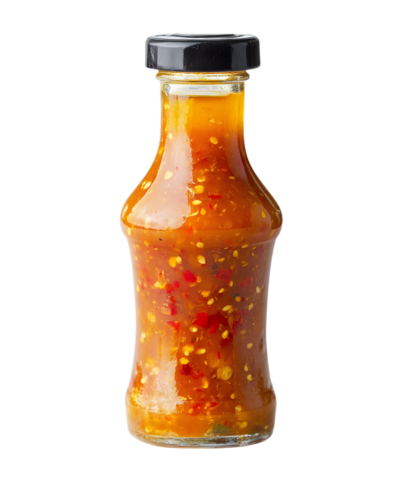 Bottle of chili sauce with visible peppers png