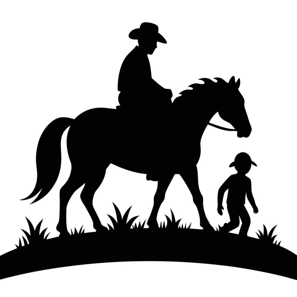 Cowboy on Horseback and Child Walking Silhouette vector