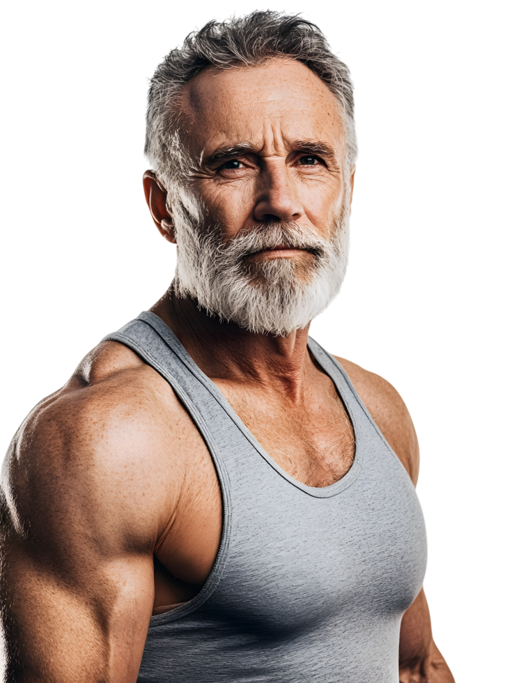Mature man with beard in sleeveless gray shirt png
