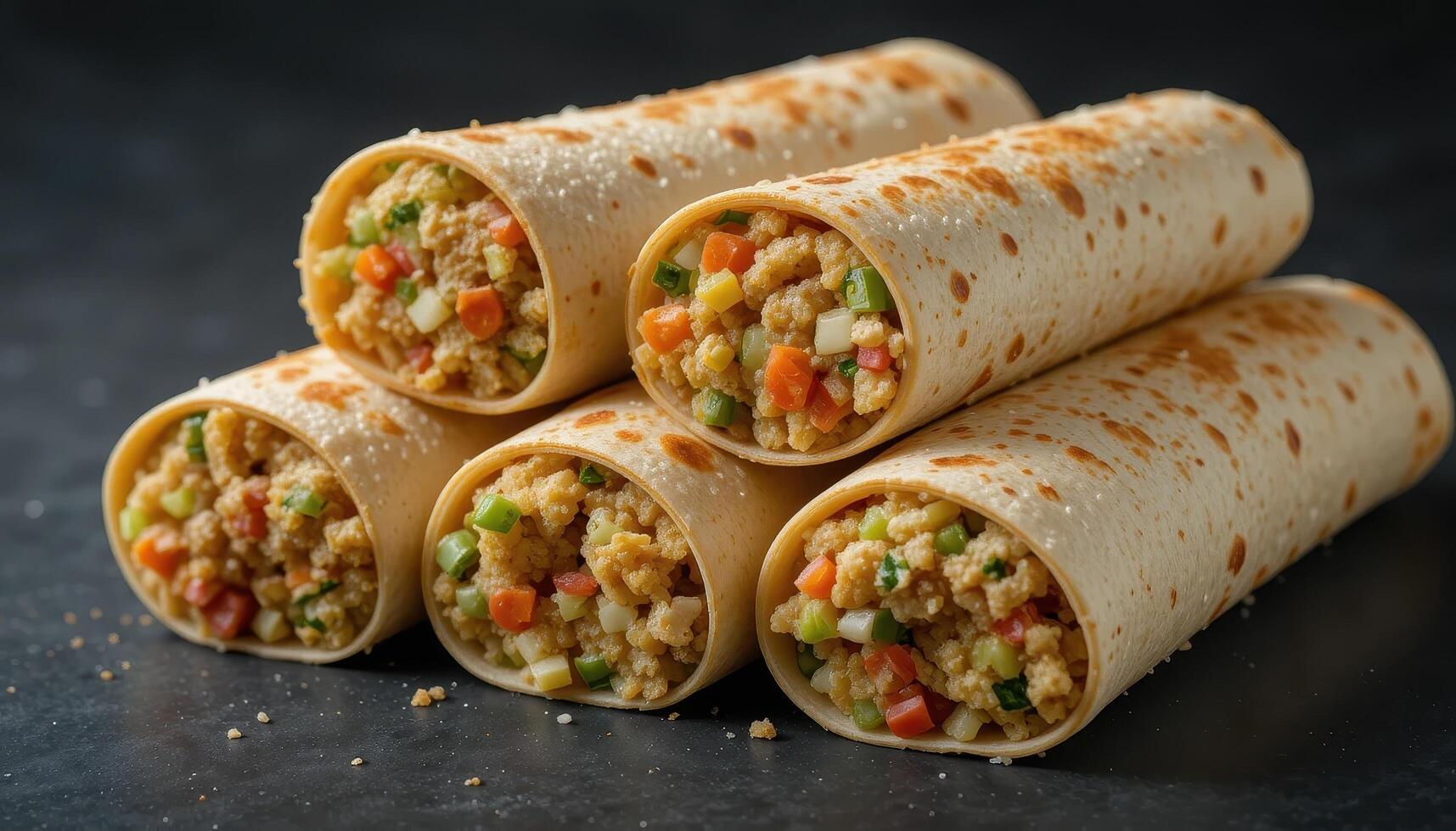 Stacked savory wraps filled with vegetables and grains. photo