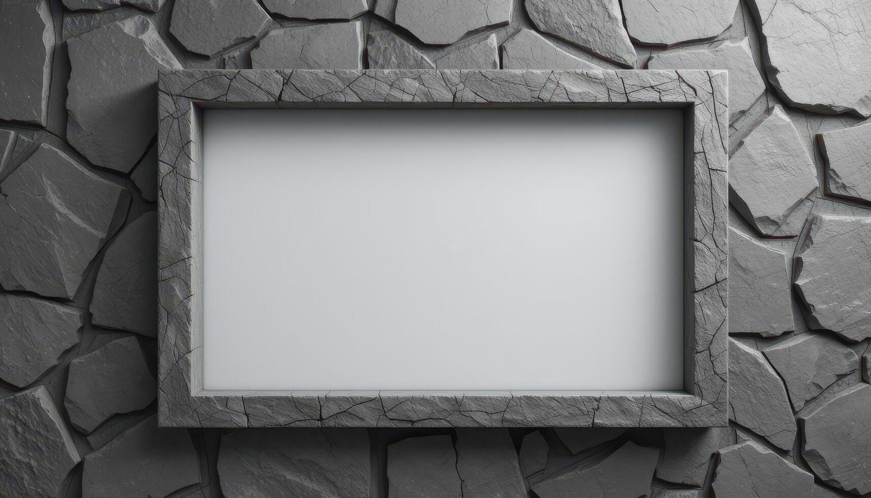 Blank stone frame on a textured stone wall photo