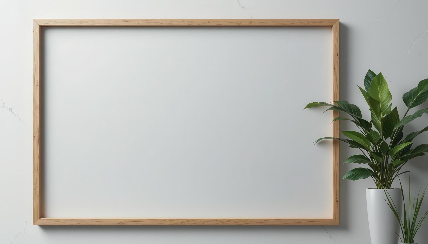 Empty light wooden picture frame on a light wall. photo