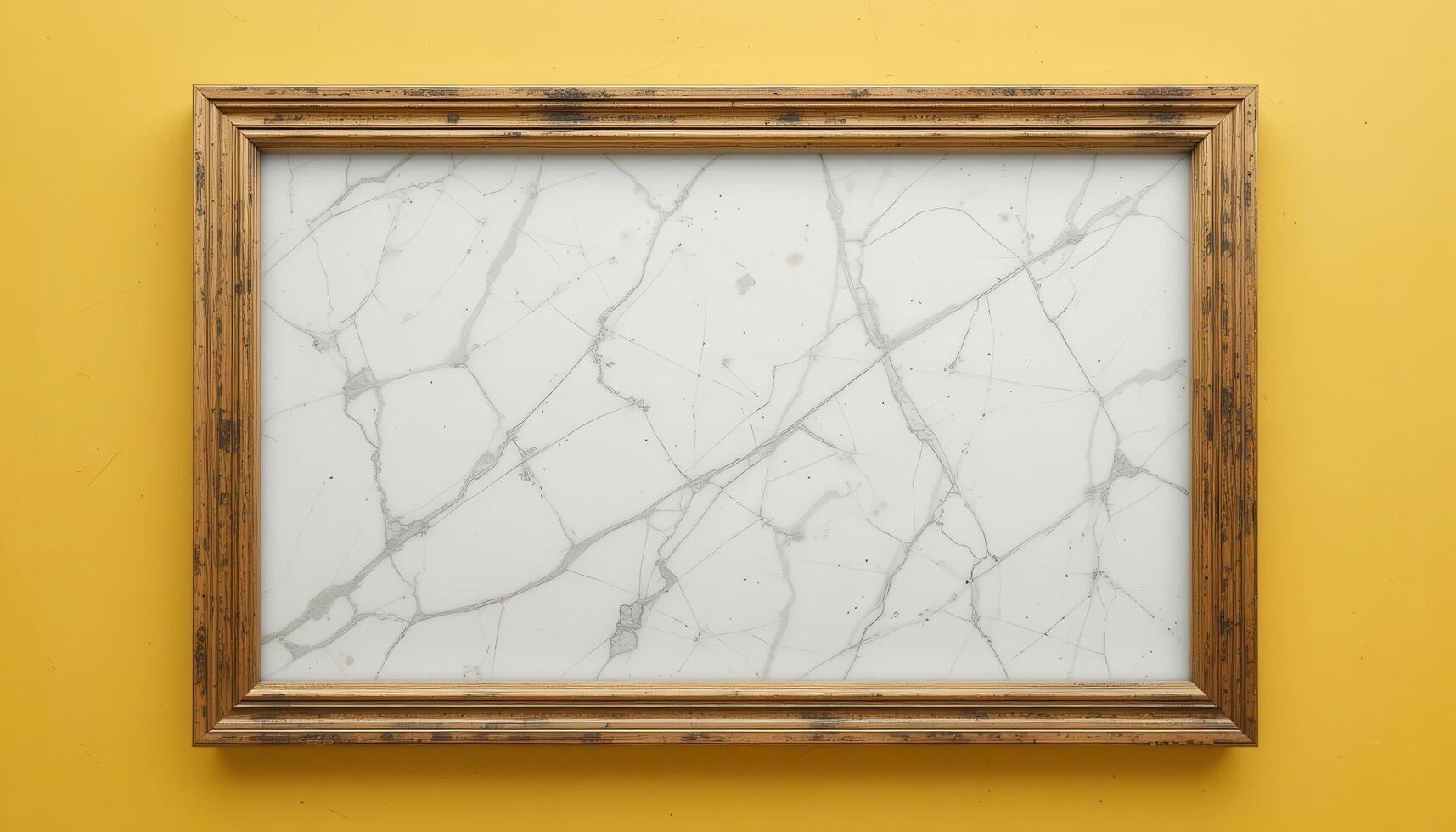 Empty gilded frame holding a white marble pattern on a mustard background. photo
