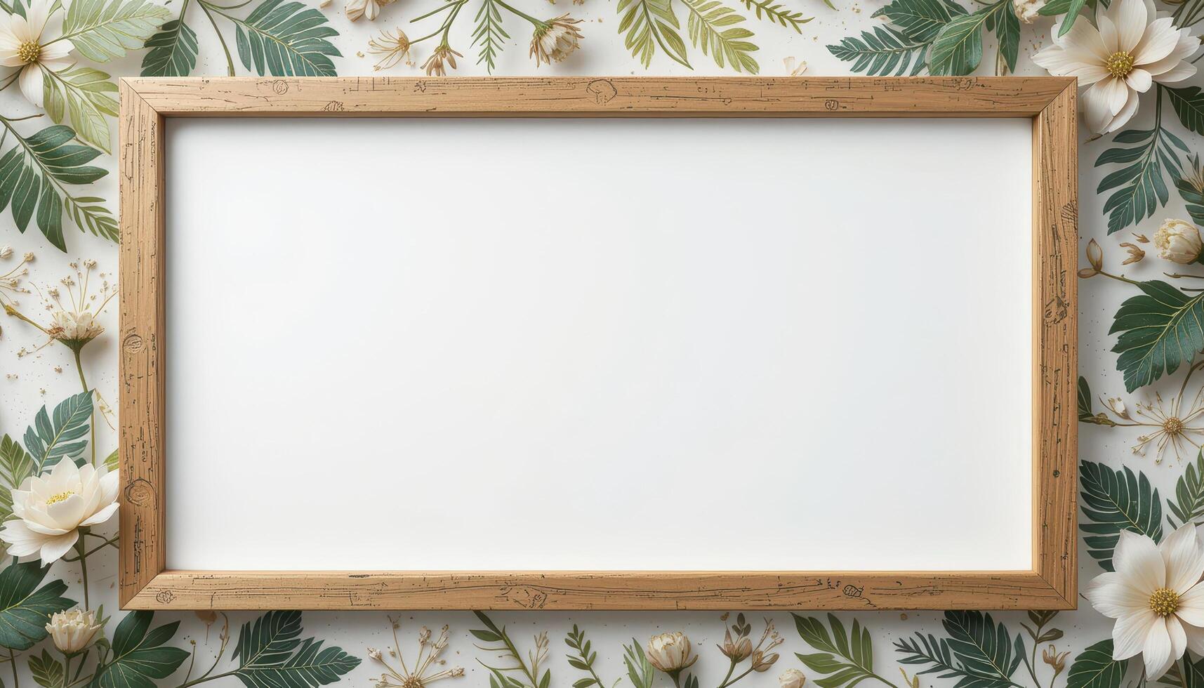 Empty wooden frame surrounded by floral and leaf design. photo