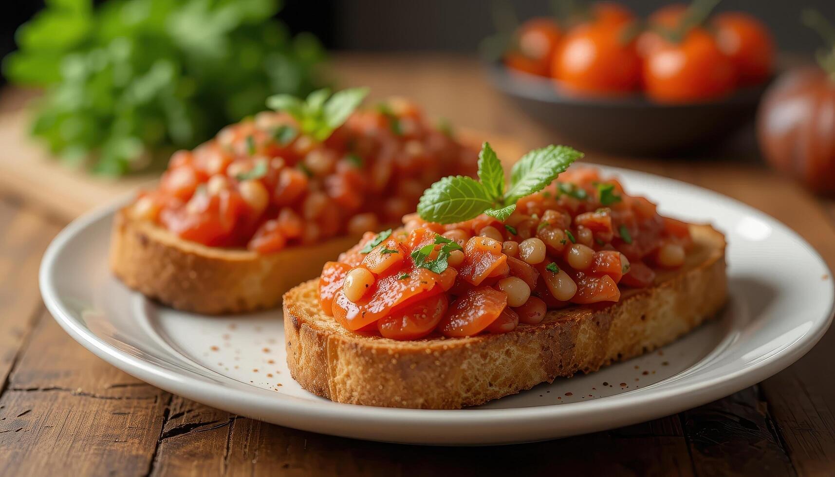 Two slices of toasted bread topped with a vibrant tomato and bean mixture. photo