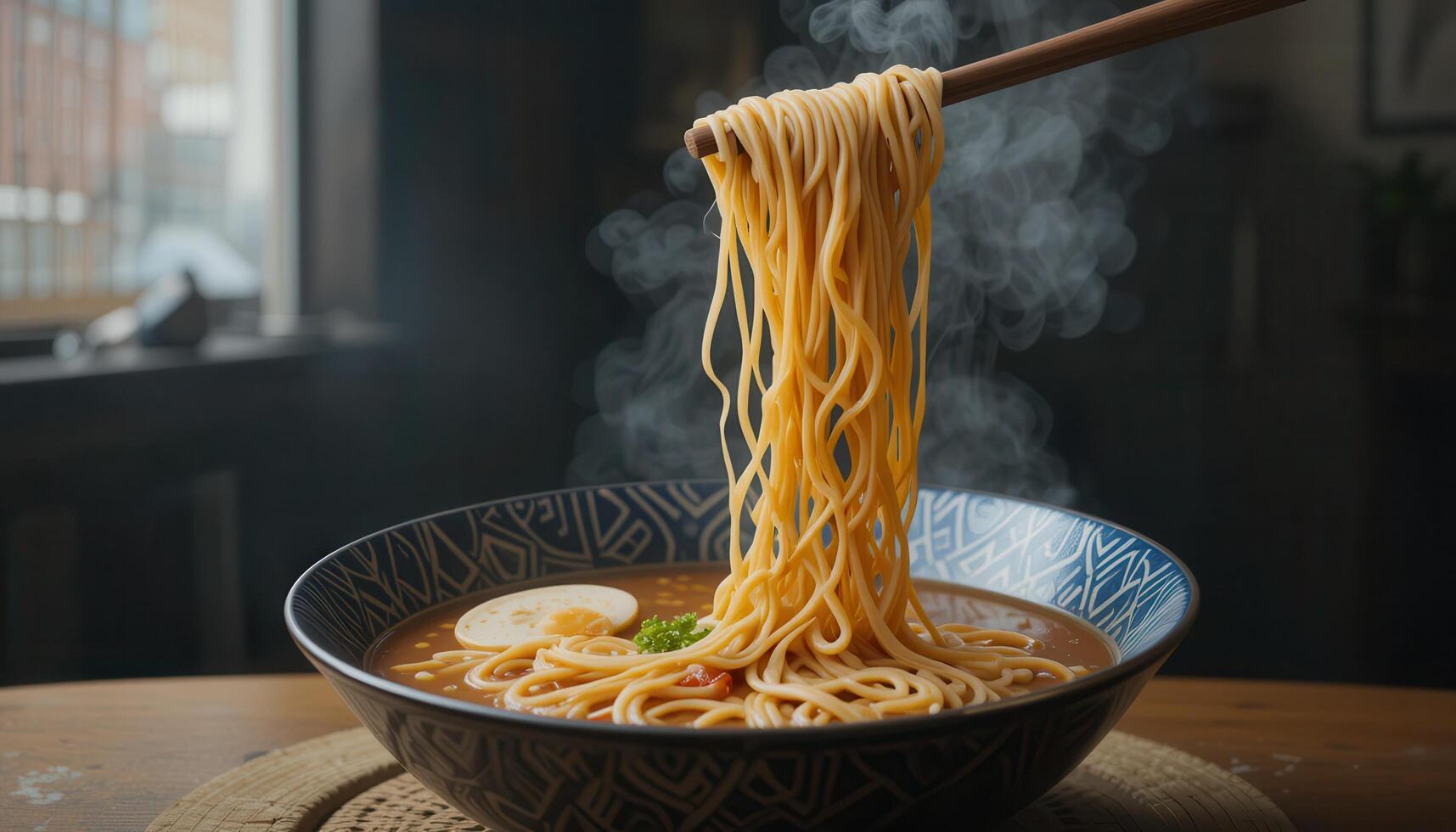 Steaming ramen noodles lifted by chopsticks. photo