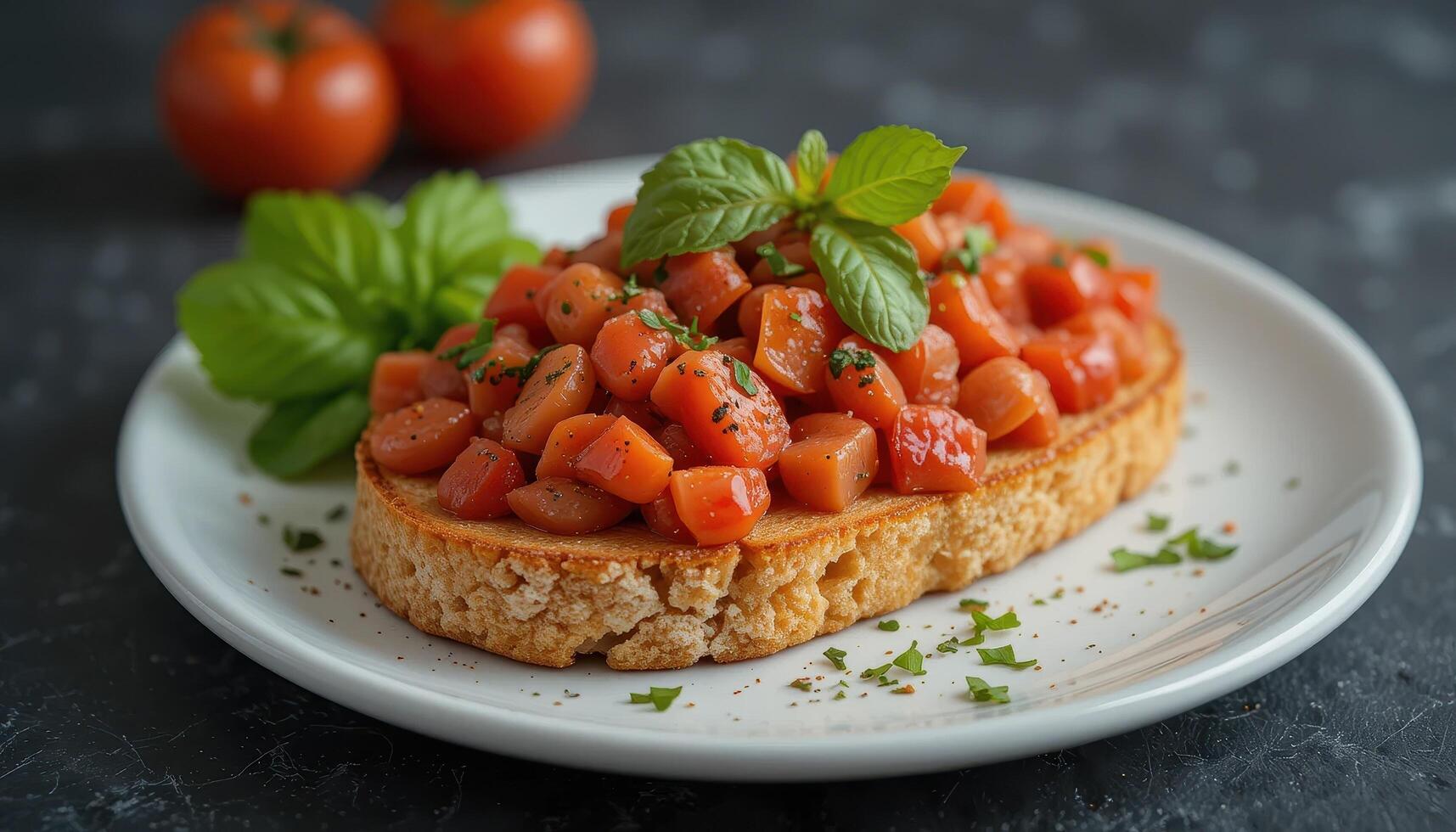 Close-up of a flavorful tomato and herb bruschetta on a plate. photo
