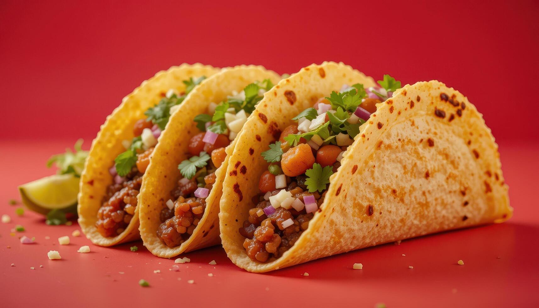 Three flavorful tacos displayed against a vibrant backdrop. photo