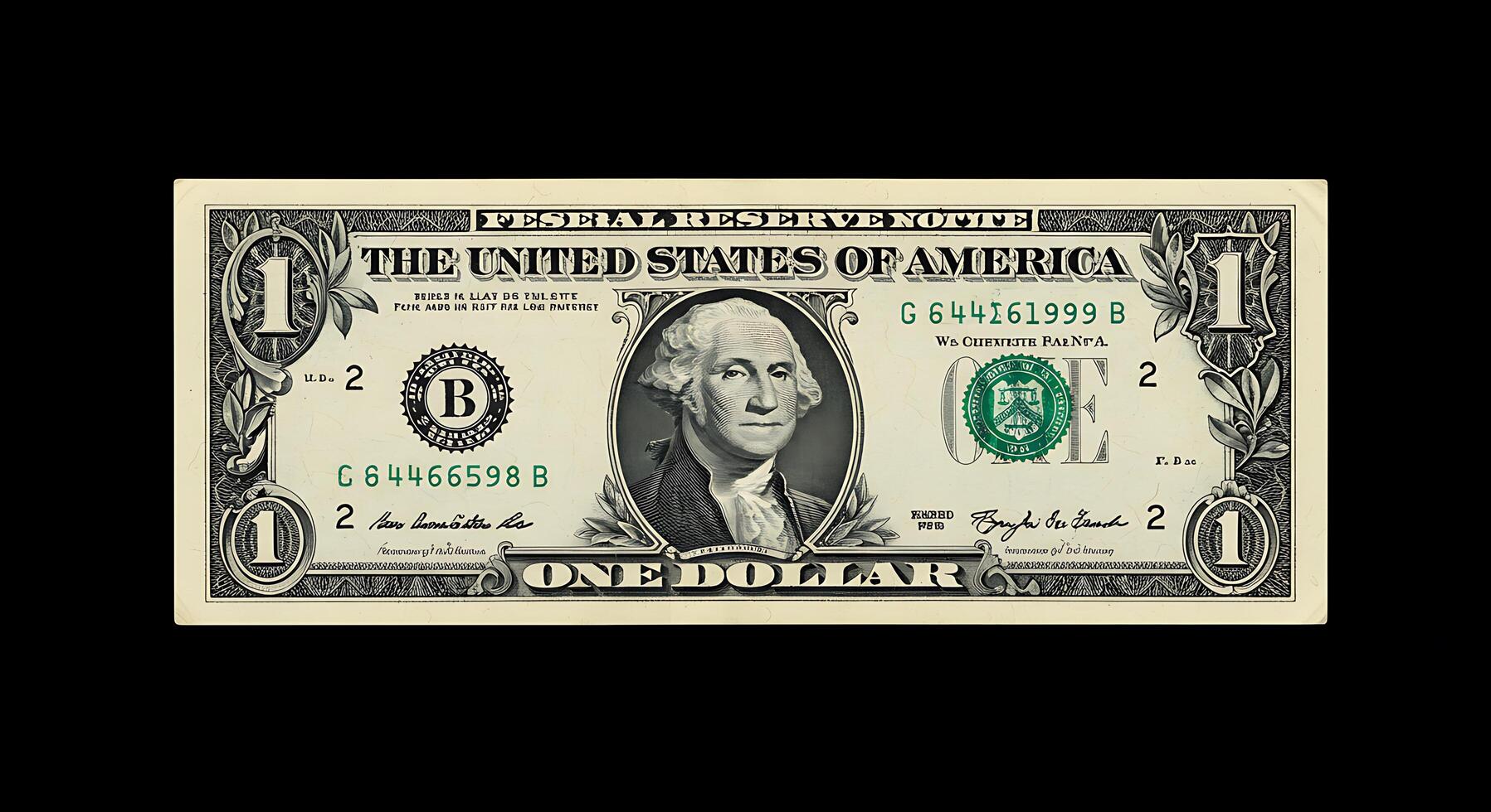 A one dollar bill is shown on a black background photo