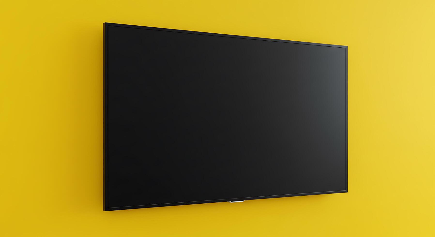 A black television mounted on a yellow wall photo
