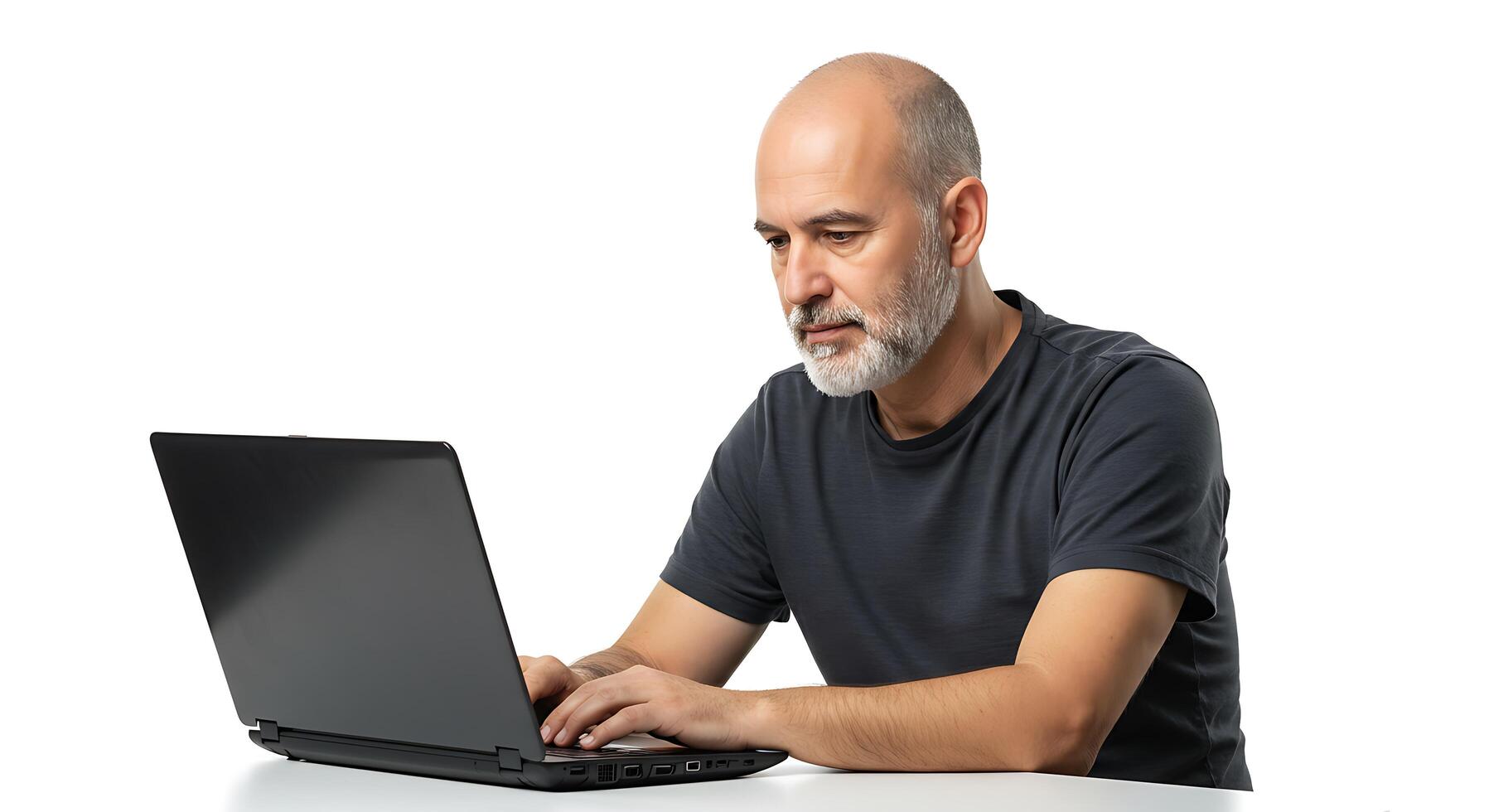 A bald man sitting at a table with a laptop photo