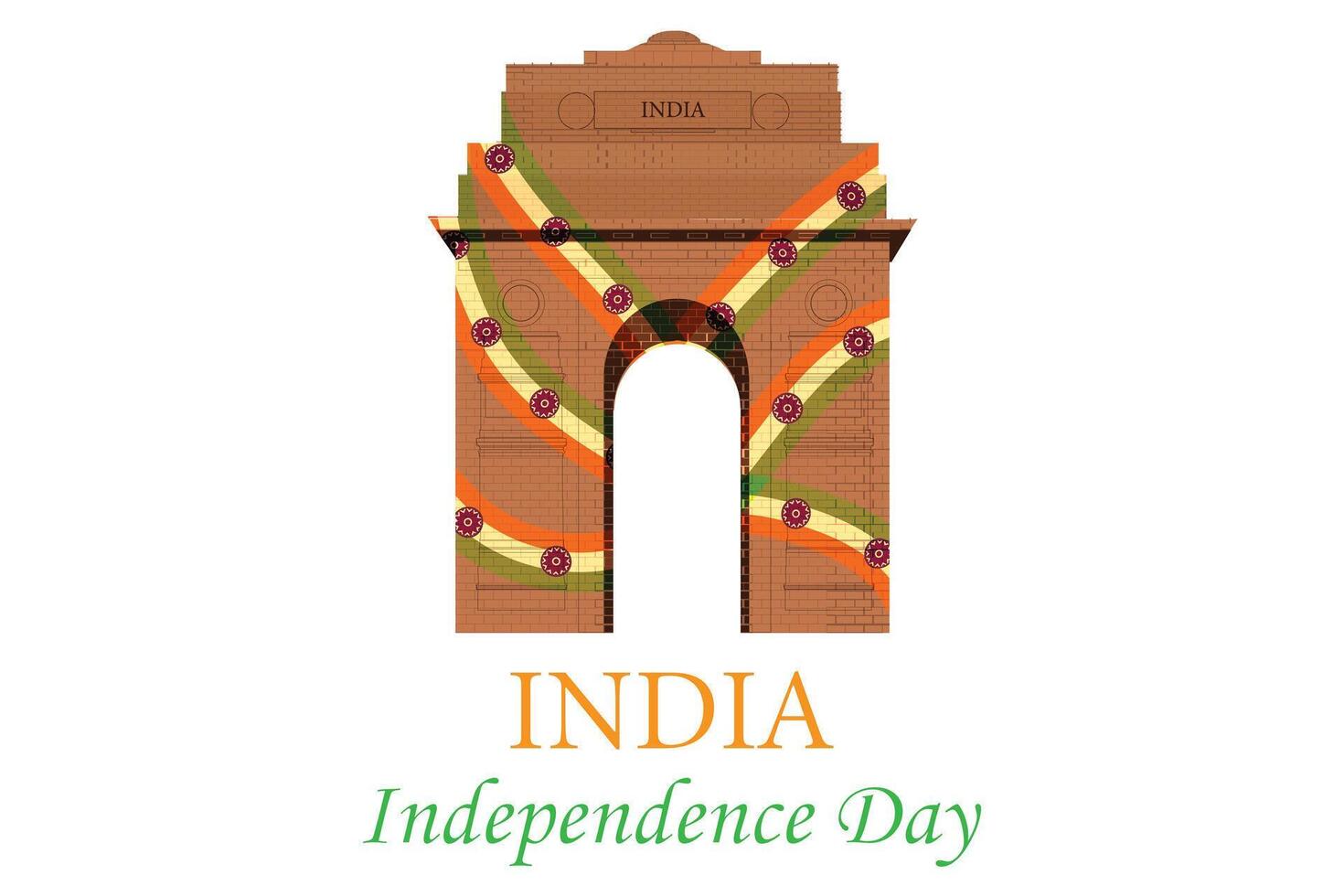 Artistic illustration celebrating Indias Independence Day. India will be celebrating 78th Independence Day on 15th. India Gate, an iconic war memorial, made of red sandstone or brickwork. vector