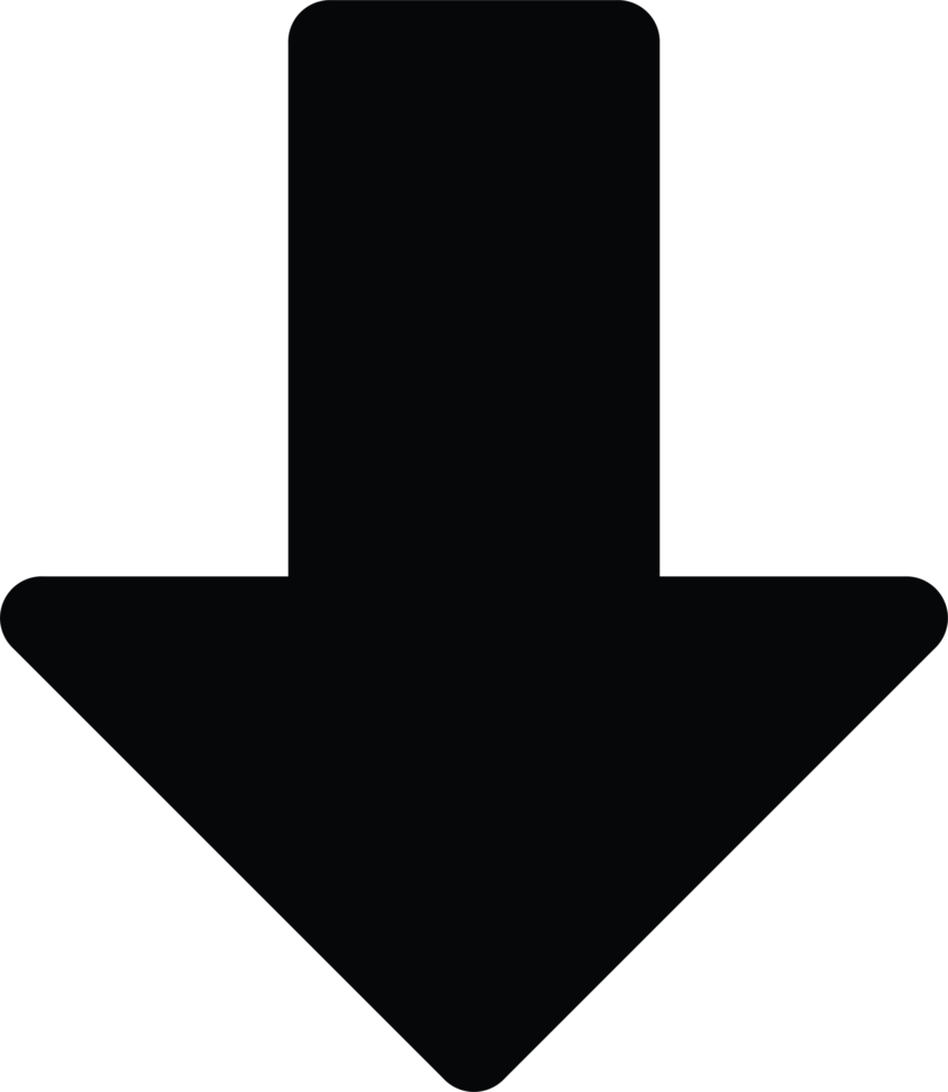 Solid black arrow pointing downwards, clear indicator for download, scroll down, or direction below, simple graphic for web and print use, high resolution available png