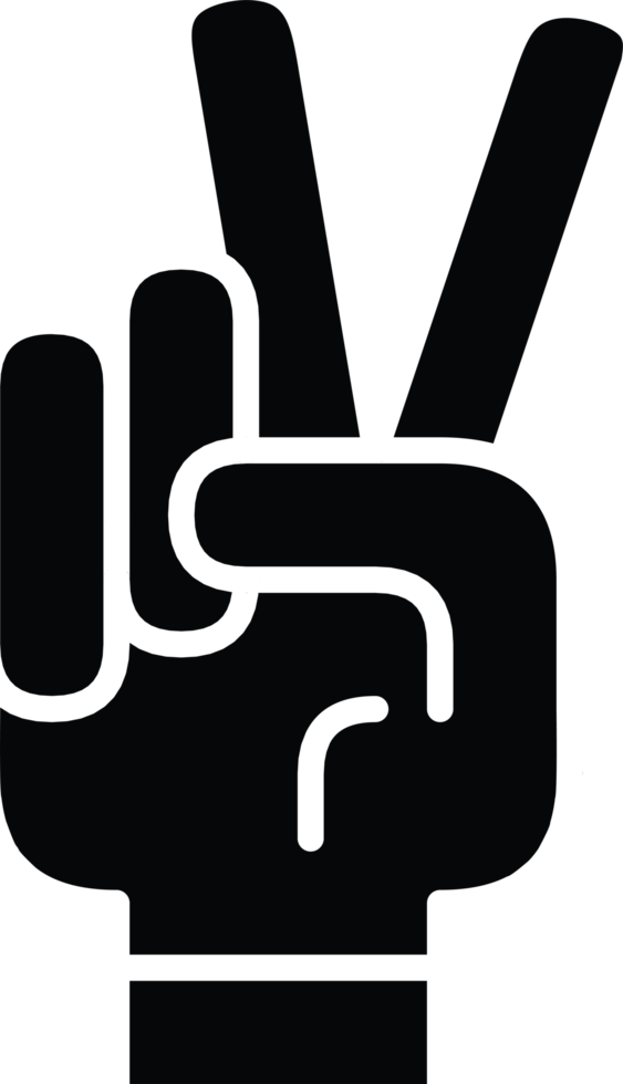Solid black hand making the peace sign, a universal symbol for peace, love, and victory, simple graphic for social and positive themes, high resolution available png