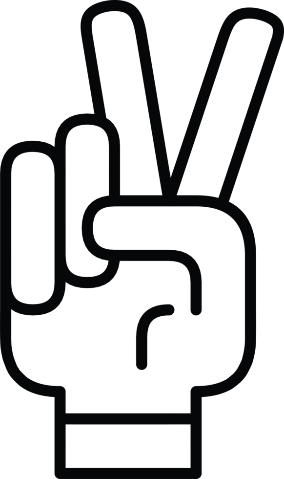 Outlined hand making the peace sign, a universal symbol for peace, love, and victory, simple line art for social and positive themes, high resolution available. png