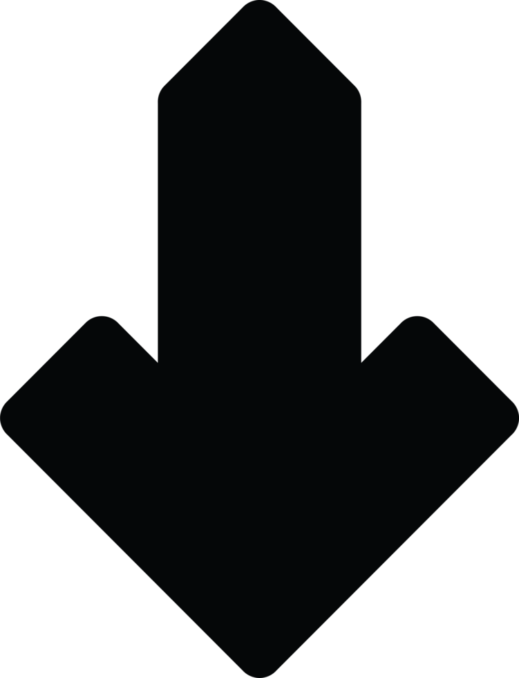 Solid black arrow pointing downwards, clear indicator for download, scroll down, or direction below png