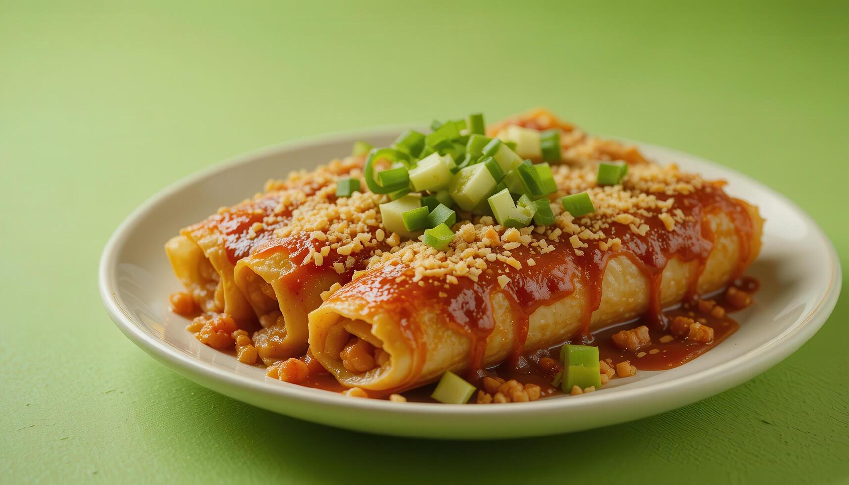 Three rolled enchiladas on a plate, topped with sauce and garnish. photo