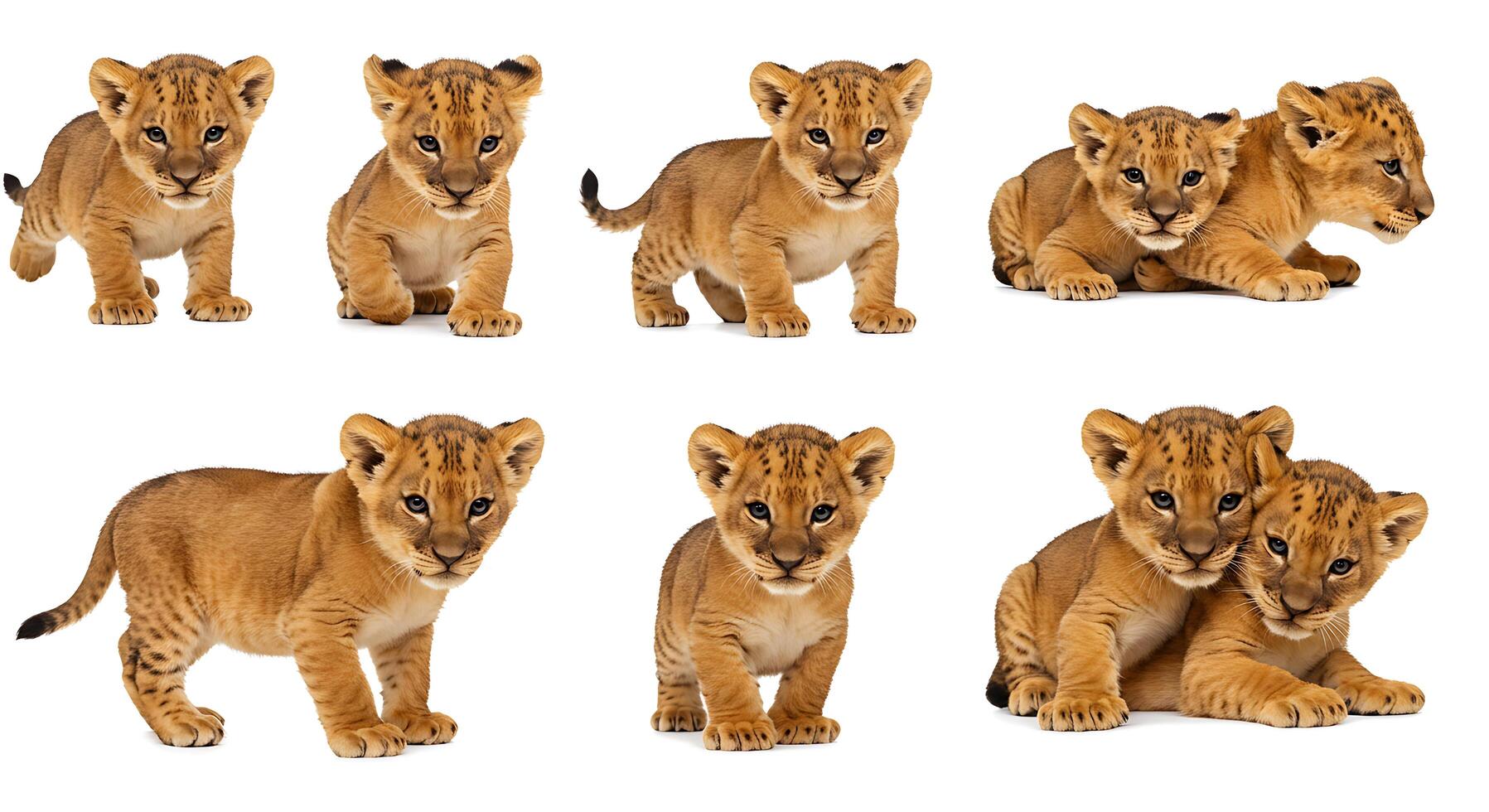 Lion cubs in different poses on a white background photo