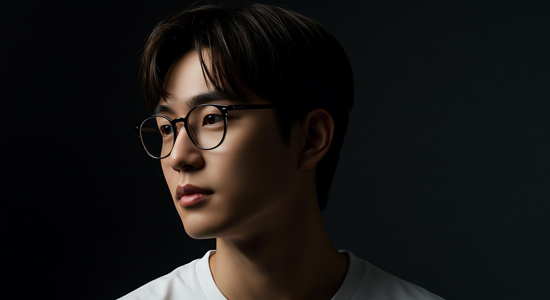 A young man wearing glasses and a white shirt photo