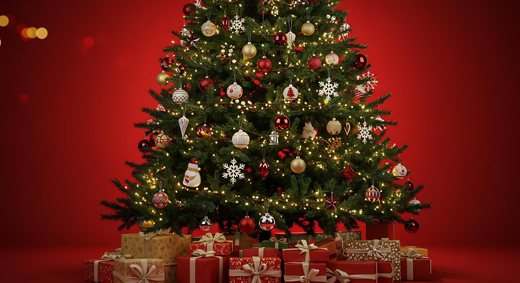 A christmas tree with presents on a red background photo