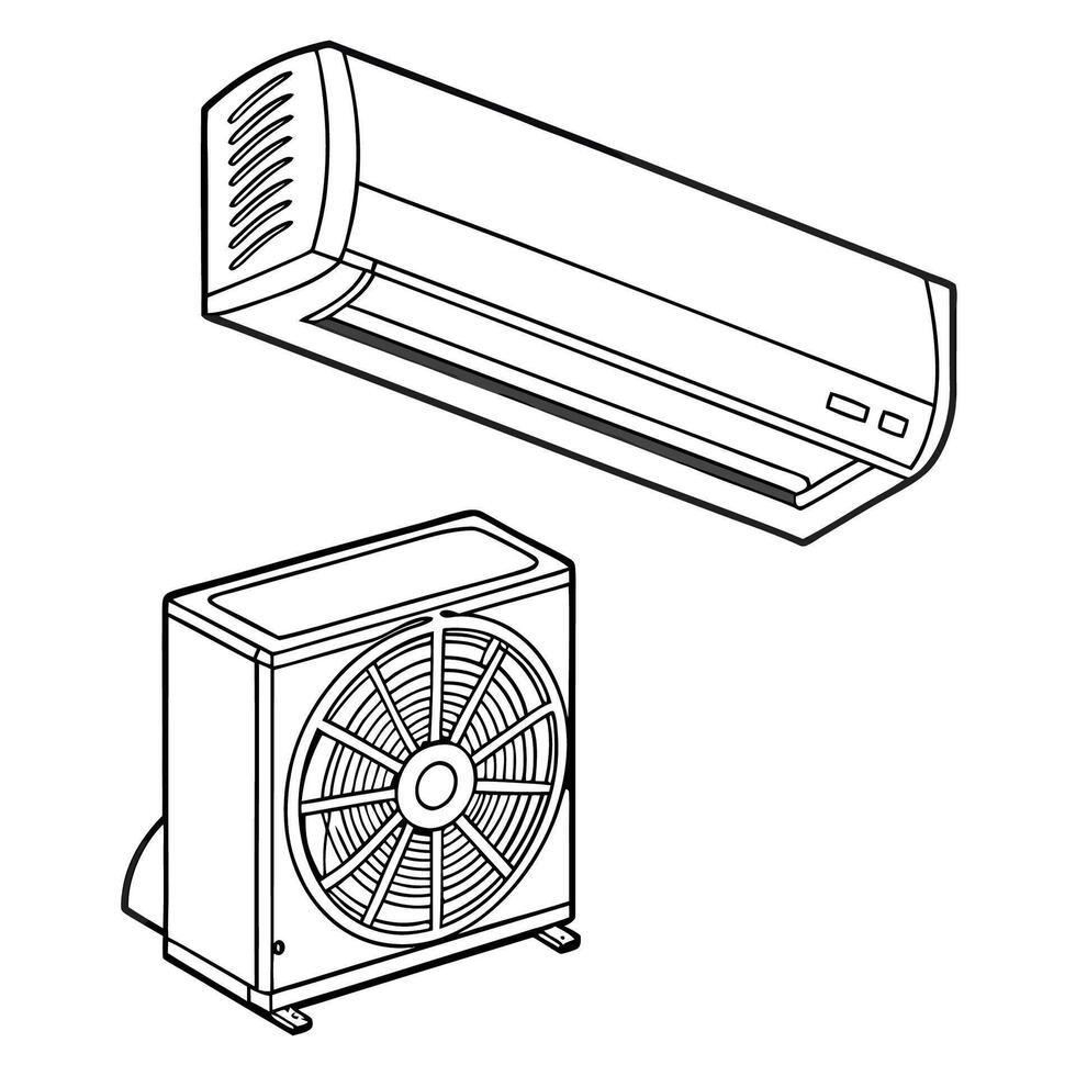 Line Drawing of Air Conditioner Unit with Outdoor Compressor vector