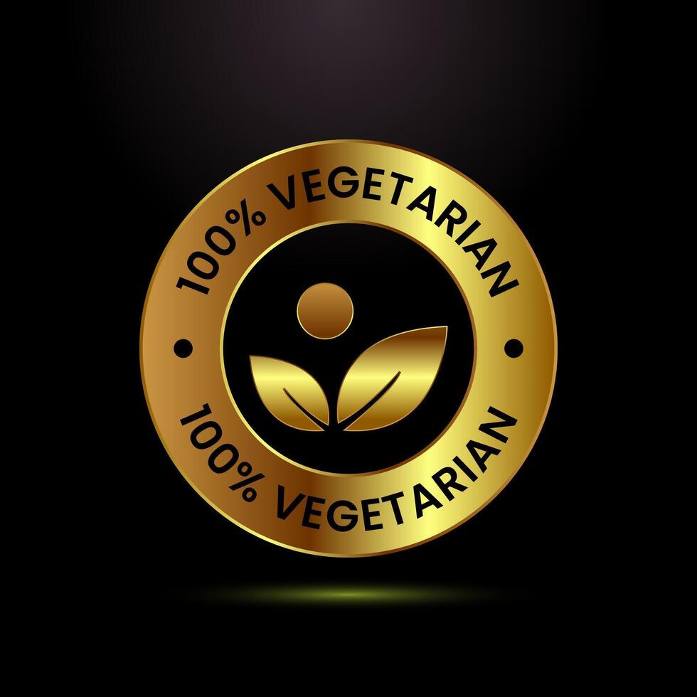 100 percent vegetarian icon illustration, Vegan product label badge sign in gold color style vector