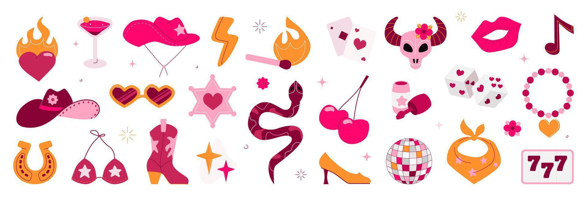 A set of disco cowgirl stickers inspired by the aesthetics of the wild West. Bright design elements for a Bachelorette party, wedding ceremony. vector