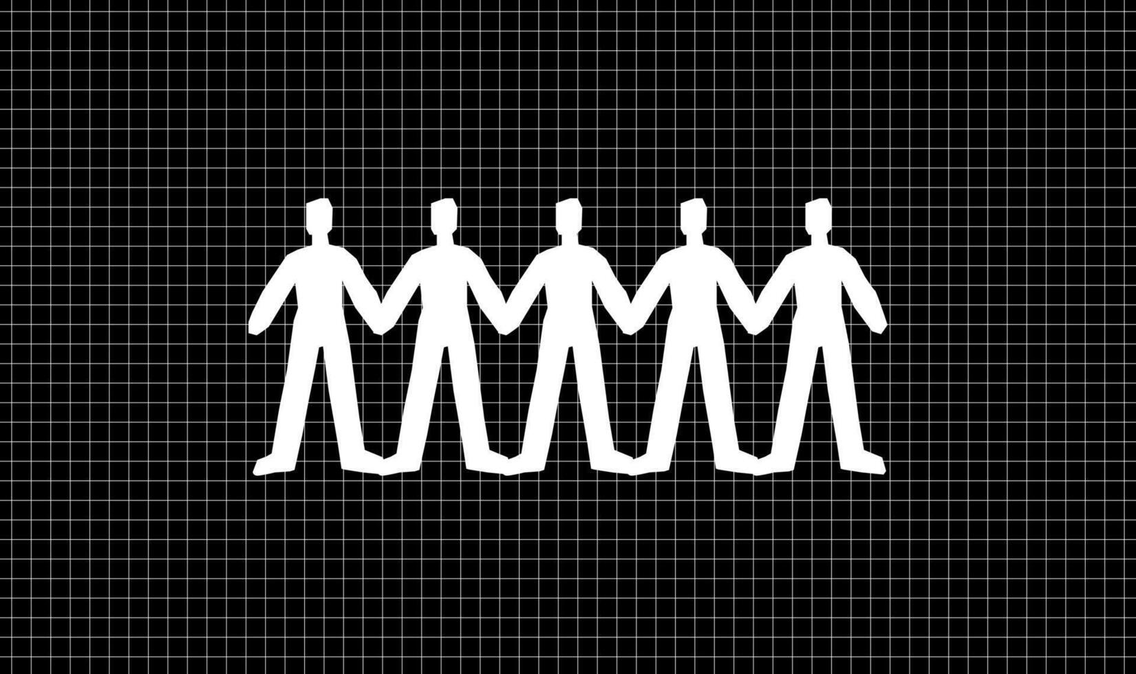 A minimalistic black-and-white illustration showing raw stylized figures cut out of paper holding hands. A metaphor of similarity, unity, and teamwork. vector