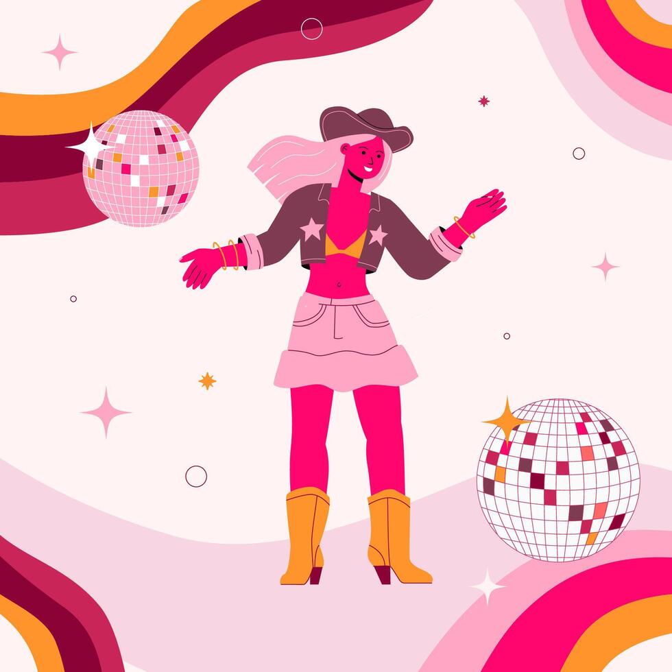 Cute dancing cowgirls on a background of disco balls and pink waves. A funky print for a bachelorette, party. vector