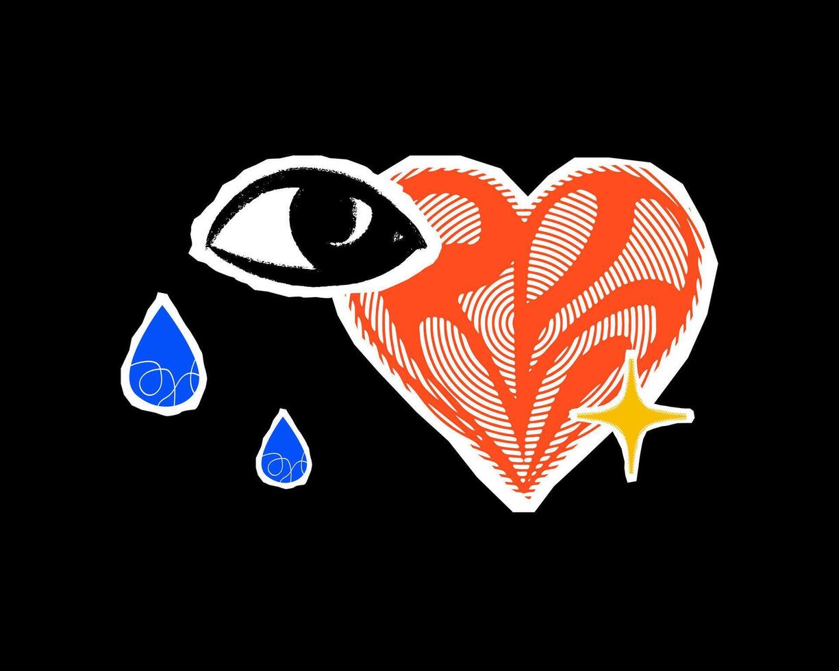 A striking illustration showing a stylized eye with two blue teardrops, a textured red heart and a yellow star on a black background. A symbol of emotion, love and sadness. vector