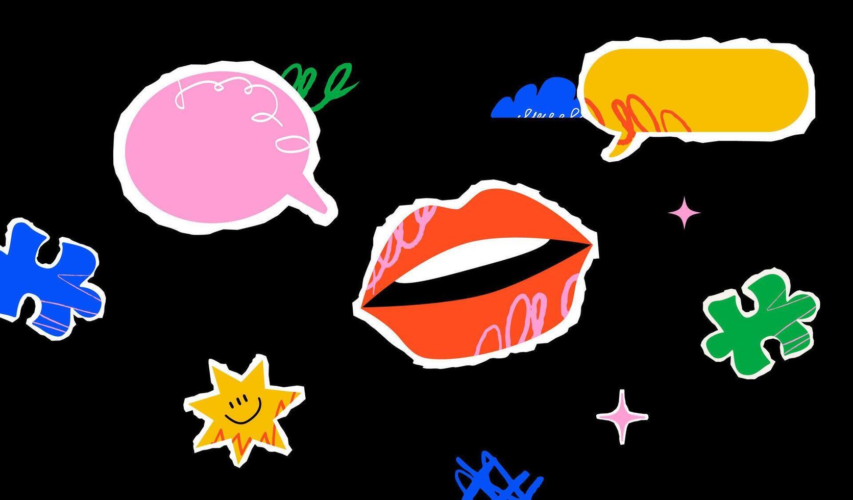 A vivid illustration with various colorful graphic elements scattered over a black background, including lips, speech bubbles, stars, and puzzle pieces. vector