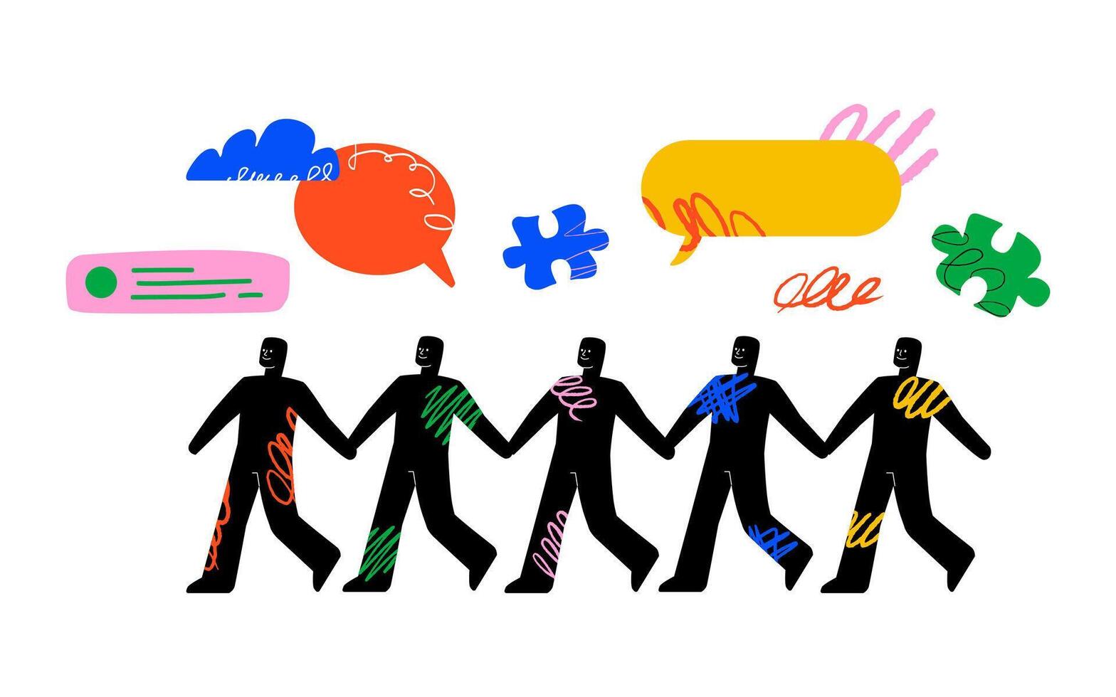 Silhouettes of abstract human figures walking behind each other and holding hands, surrounded by speech bubbles, puzzles and doodles. A symbol of unity, society, communication and interaction. vector
