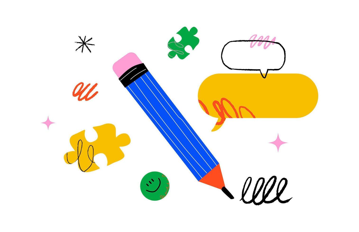 A large blue pencil surrounded by puzzle pieces, speech bubbles, doodles and smileys and stars. The concept of the theme of creativity, writing and communication. vector