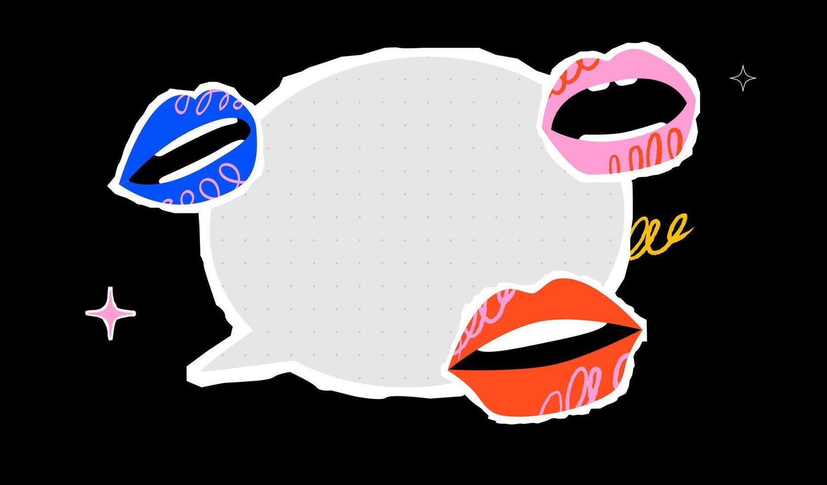 A vivid illustration with a giant speech bubble in the middle and colorful lips around. A symbol of communication, expression and transmission of information. vector