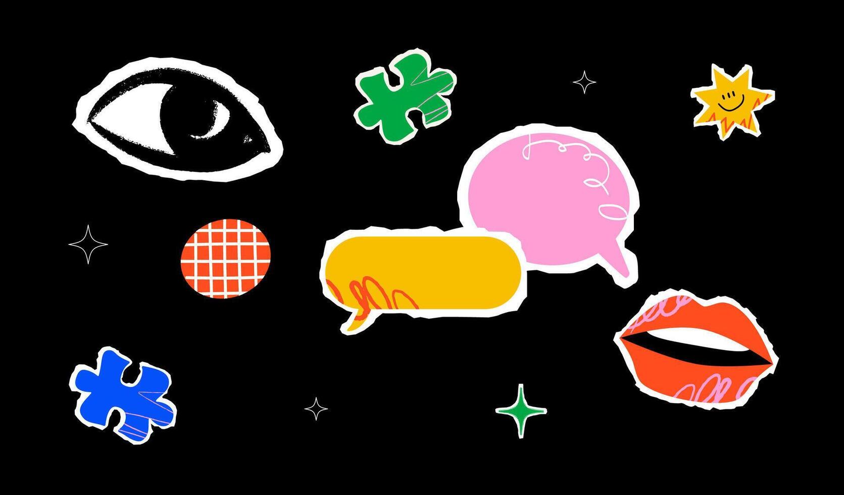 An unusual collage with an eye, speech bubbles, puzzle pieces, lips and stars. Stylized cut out composition for communication topics. vector