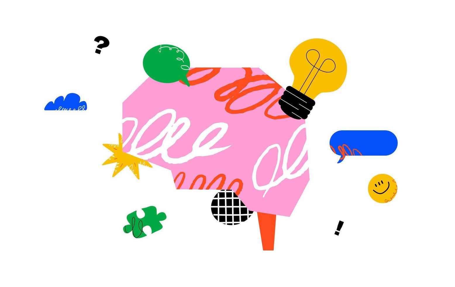 A stylized brain surrounded by various graphic elements, a light bulb, puzzle pieces, speech bubbles and abstract doodles. The concept of creativity, ideas and mind. vector