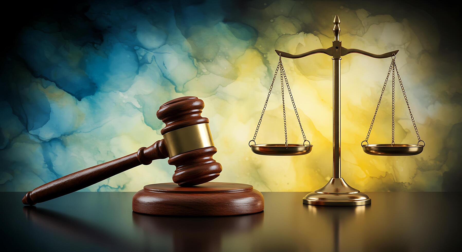 Law and justice concept with gavel and scale of justice on a table photo