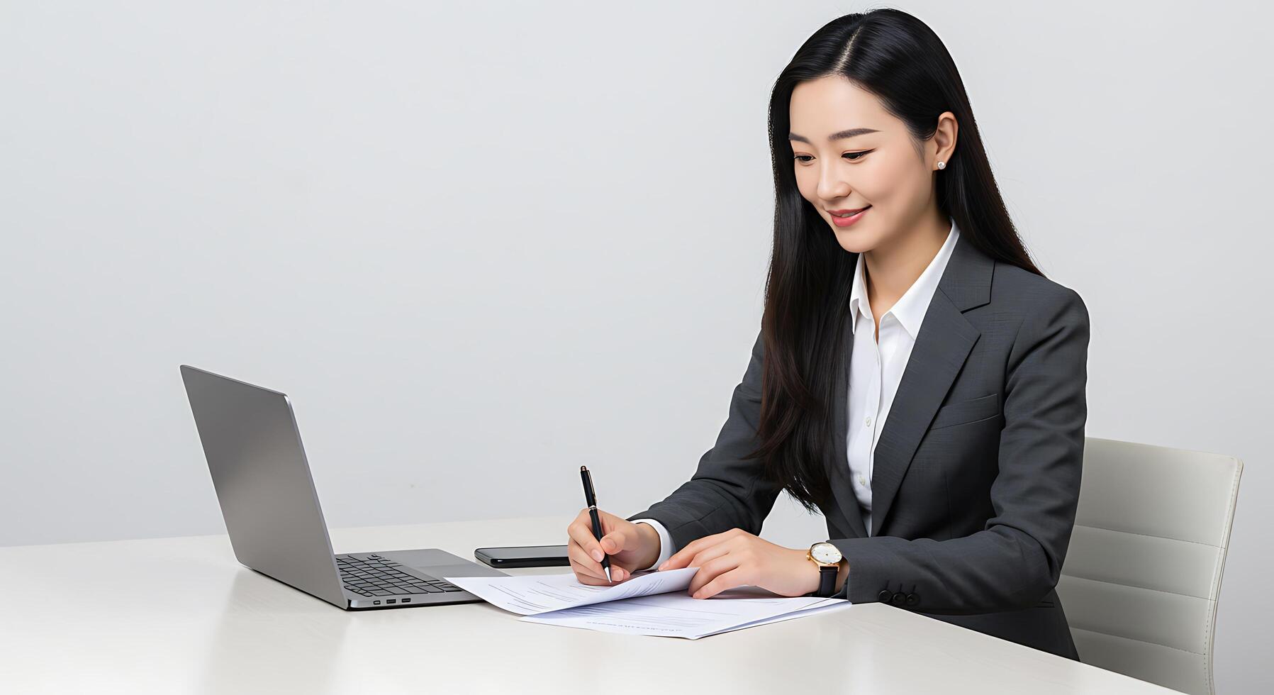 A woman in a business suit is writing on a piece of paper photo